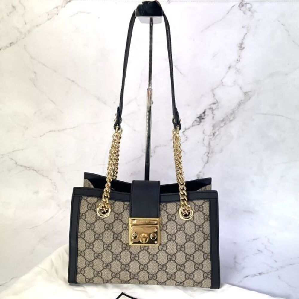 GUCCI GG Plus Padlock Shoulder Bag Canvas Leather Gold Chain